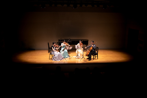 Violinists and cellist playing at classical music concert