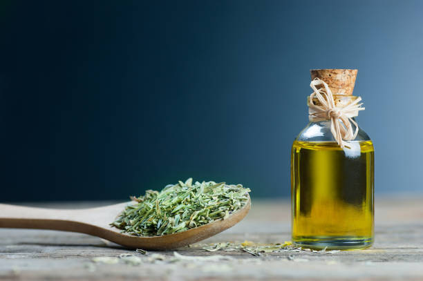 thyme essential oil and Heap of dry thyme in wooden spoon or shovel on wooden background. Dried spice zahter thyme and oil concept stock photo