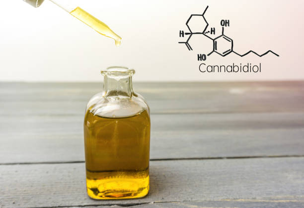istock Cbd oil in glass bottle on wooden table with molecule drawing 1137435363