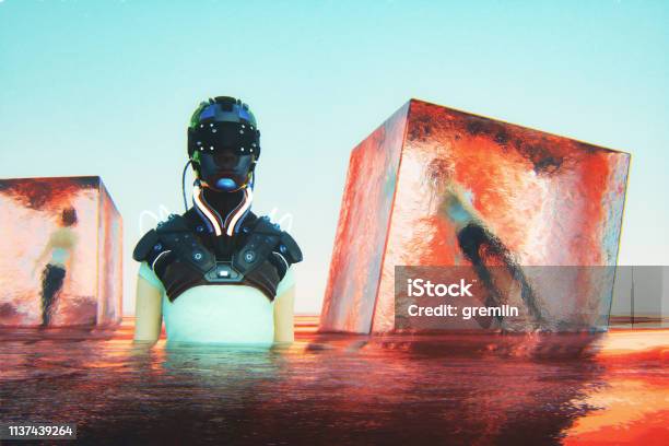 Cyborg With Frozen Bodies Stock Photo - Download Image Now - Alien, Hibernation, Helmet
