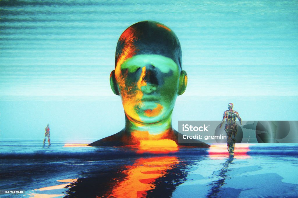 Cyborg head with crude humanoid shapes Cyborg head with crude humanoid shapes. This is entirely 3D generated image. Abstract Stock Photo