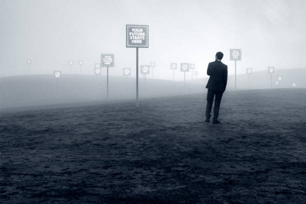 Lost businessman in digital landscape. This is entirely 3D generated image.