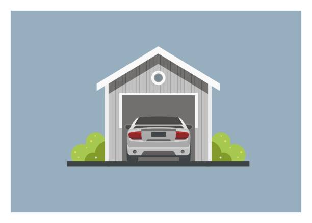 istock car inside the wooden garage, simple illustration 1137440489