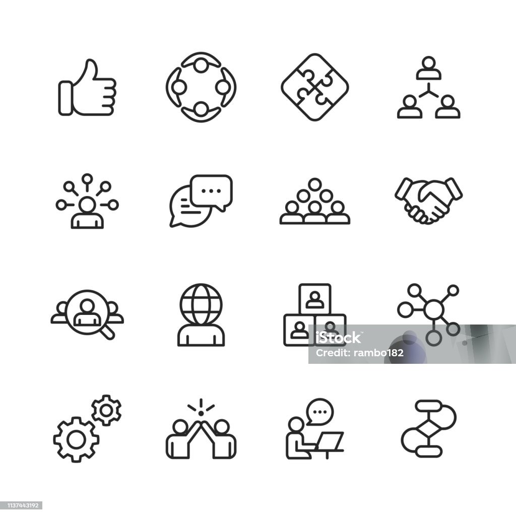 Teamwork Line Icons. Editable Stroke. Pixel Perfect. For Mobile and Web. Contains such icons as Like Button, Cooperation, Handshake, Human Resources, Text Messaging. 16 Teamwork Outline Icons. Icon stock vector