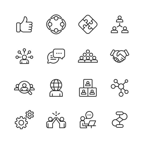 Teamwork Line Icons. Editable Stroke. Pixel Perfect. For Mobile and Web. Contains such icons as Like Button, Cooperation, Handshake, Human Resources, Text Messaging. 16 Teamwork Outline Icons. togetherness stock illustrations