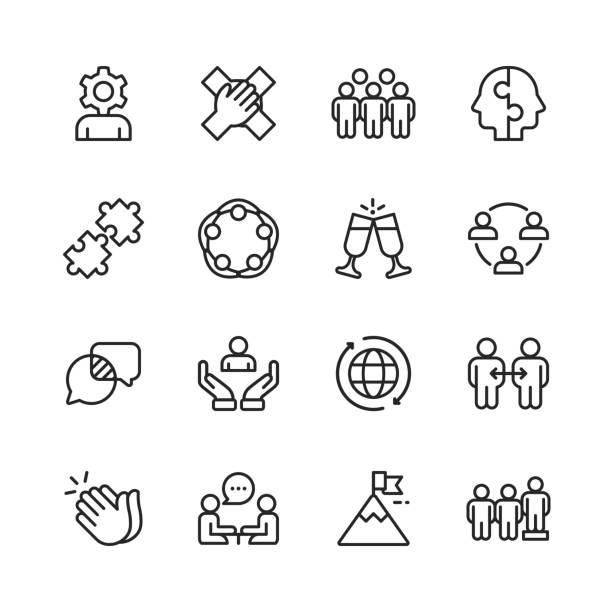 Teamwork Line Icons. Editable Stroke. Pixel Perfect. For Mobile and Web. Contains such icons as Hierarchy, Jigsaw Puzzle, Business Strategy, Success. 16 Teamwork Outline Icons. integration summit stock illustrations