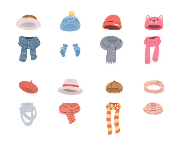 Vector illustration of Pairs of cute hats and scarves for cold winter weather