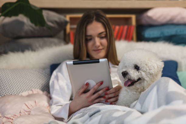 istock Woman relaxing with her dog in bed, using digital tablet 1137444410