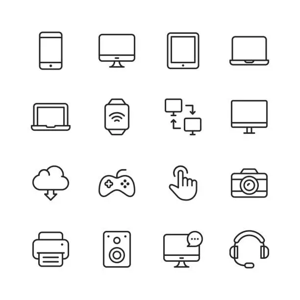 Vector illustration of Devices Line Icons. Editable Stroke. Pixel Perfect. For Mobile and Web. Contains such icons as Smartphone, Smartwatch, Gaming, Computer Network, Printer.