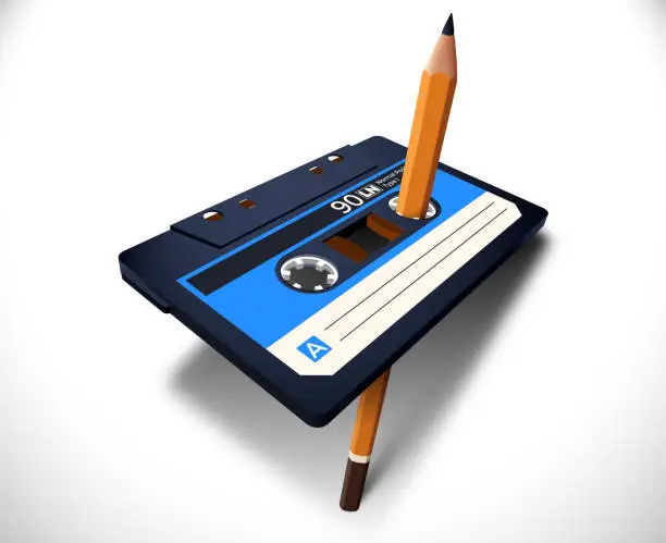 Vector illustration of Compact cassette 80s style with music tape and pencil for manual rewind