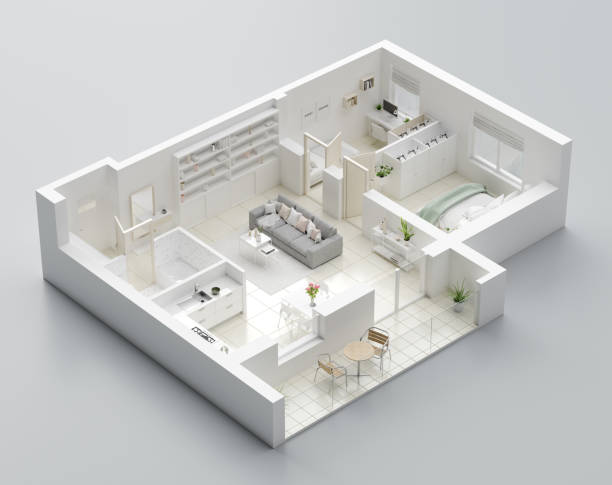 planimetria 3d di una casa. layout di appartamenti abitativi open concept - plan planning house equipment foto e immagini stock