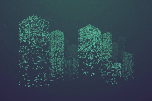 미래 도시의 형태로 빛나는 입자 - computer language binary code coding city stock illustrations