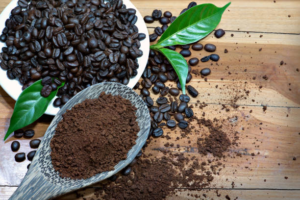 istock Dark roasted coffee beans and grind coffee with wooden spoon. 1137458517