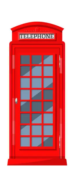 Vector illustration of London red telephone booth with payphones. Cabin booth, communication device.
