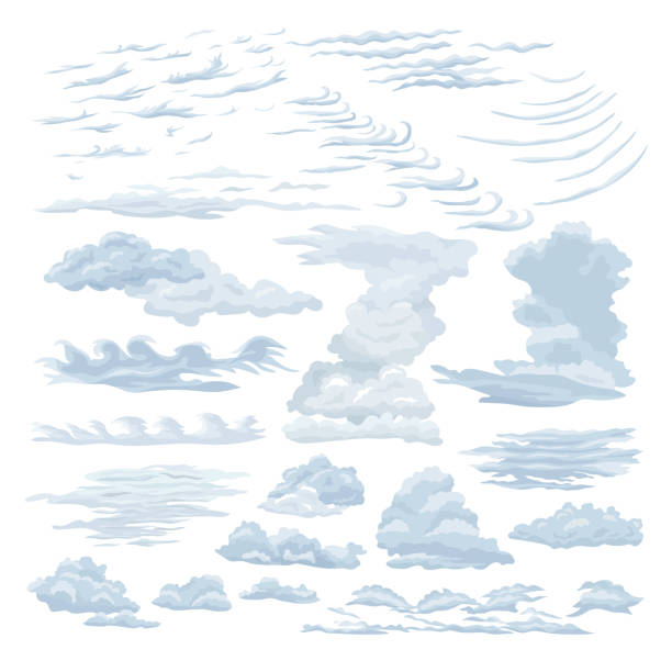 Set of steam clouds. Wavy, sparse cumulus, cirrus, layer clouds. Set of feather steam clouds. Wavy, sparse cumulus, cirrus clouds against a sky background, floating in the direction of the wind. Detailed natural steam texture, cartoon vapour vector illustration. cirrus stock illustrations