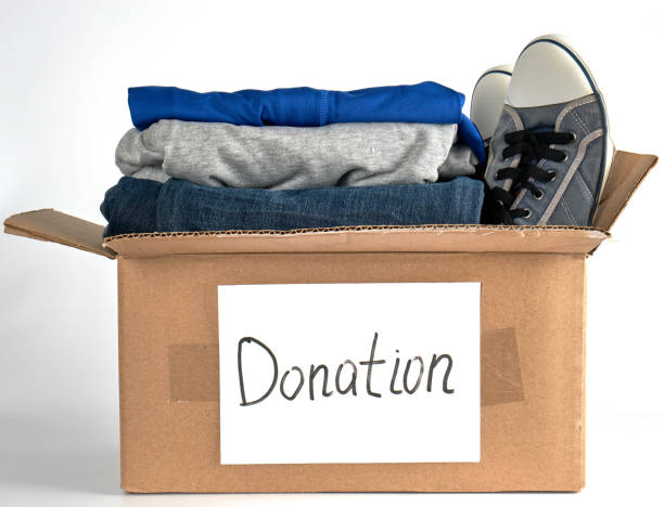 istock folded clothes in a brown paper box with the inscription donation 1137461083