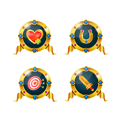 Set of awards, badges, medals of success for computer games. Game ui, ux interface design. Icons of bonus to health, luck, accuracy, horseshoe, sword vector illustration.