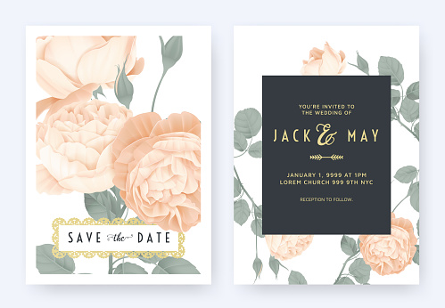 Floral wedding invitation card template design, orange rose flowers with leaves on white, pastel vintage theme