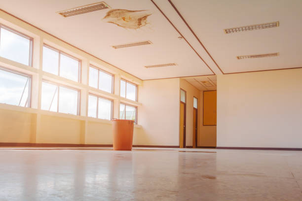 istock water leak drop interior office building in red bucket from Ceiling and flow on terrazzo floor 1137468863