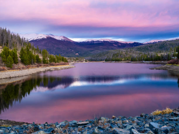 North Michigan Reservoir and reflection just after sunset, State Park State Forest, Colorado
