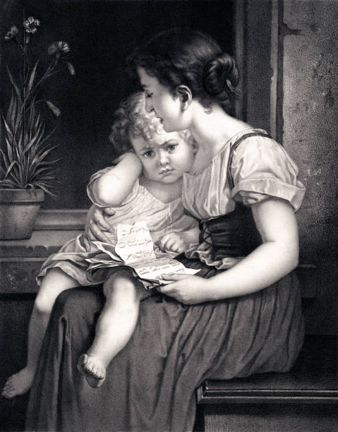 Young Woman Teaching a Child This vintage image depicts a young woman teaching the alphabet to a little girl sitting on her lap. illiteracy stock illustrations