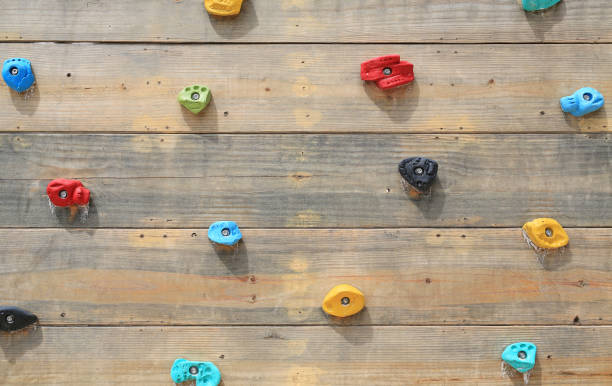 istock Rock climbing playground on wood wall. 1137481158