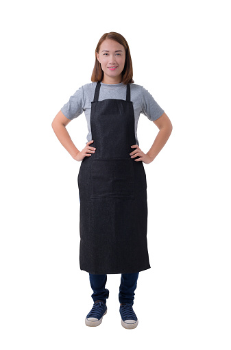 waitress, delivery woman or Servicewoman in Gray shirt and apron isolated on white background with clipping path