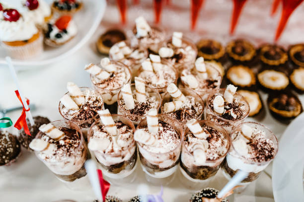 istock Sweet table. Table with sweets, candy, buffet, cakes, cupcakes. Dessert table for a party goodies for the wedding. Close up. party. Glass with sweet 1137487043