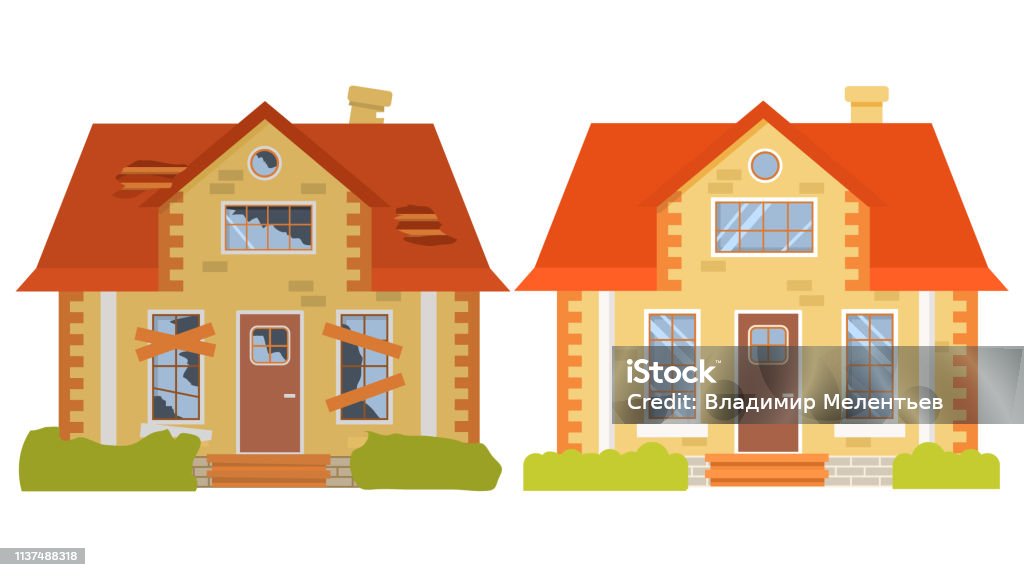 House before and after repair. Old run-down home. Renovation building.Rural cottage. House stock vector