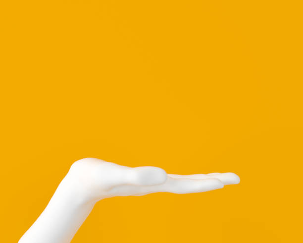 White open palm presenting gesture isolated on yellow background, female hand sculpture, art fashion concept, modern promo creative banner, 3d rendering,