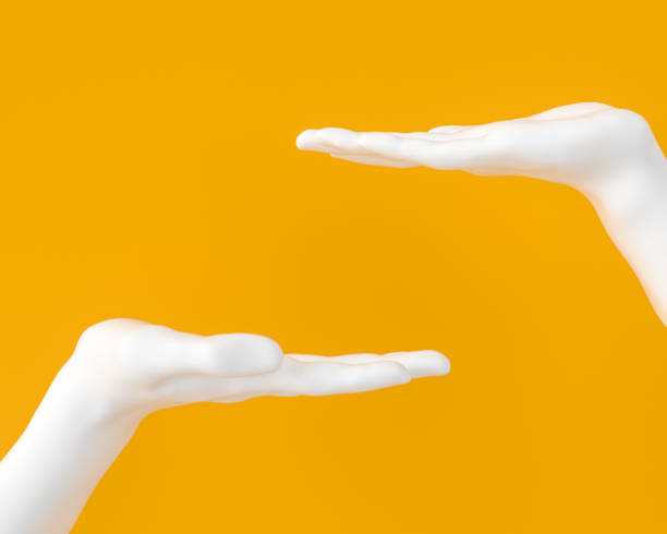 istock White Palm presenting gesture isolated on yellow background, female hand sculpture,  3d rendering, 1137489510