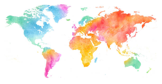 국경 높은 상세한 여러 가지 빛깔의 수채화 세계 지도. - 흥미 stock illustrations