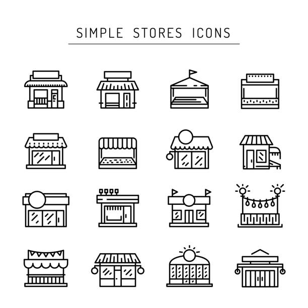 ilustraciones, imágenes clip art, dibujos animados e iconos de stock de commerce store icono de contorno vectorial delantero plano - quiosco