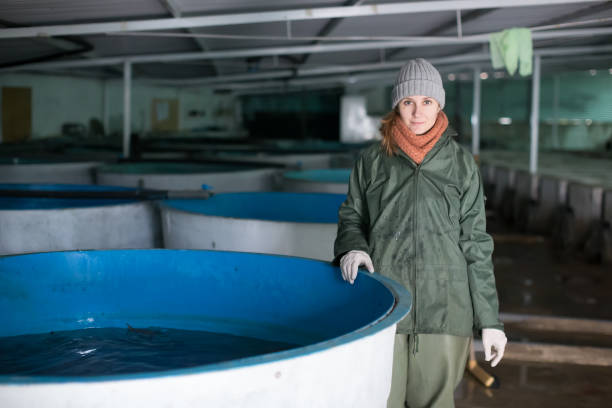 istock Woman watching fish in pool on farm 1137492168