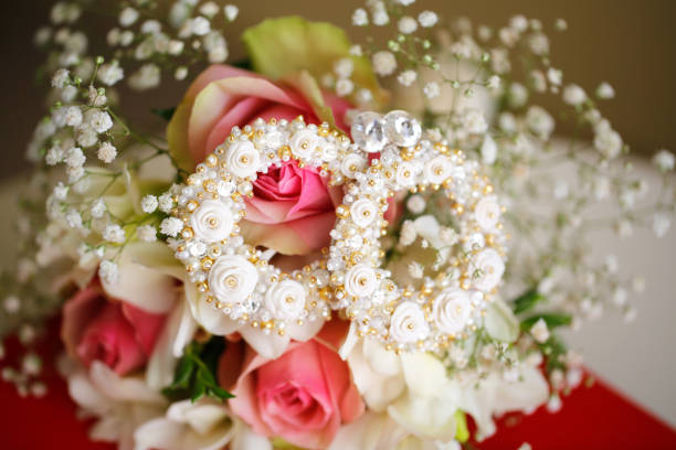 istock Beautiful wedding bouquet on red table 1137492975