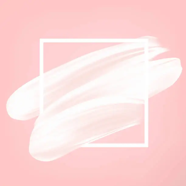 Vector illustration of White vector abstract smear on pink. Female girly icon. Paint brush stroke in frame, banner template.