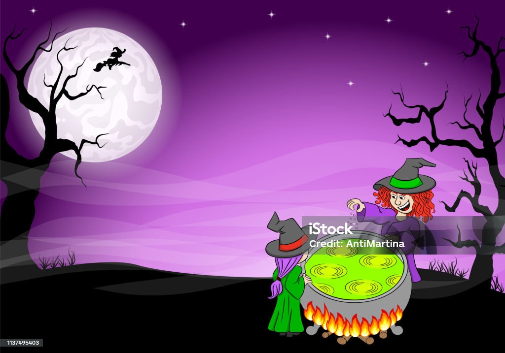 witch cooking a magic potion in the cauldron vector illustration of a witch cooking a magic potion in the cauldron Adult stock vector