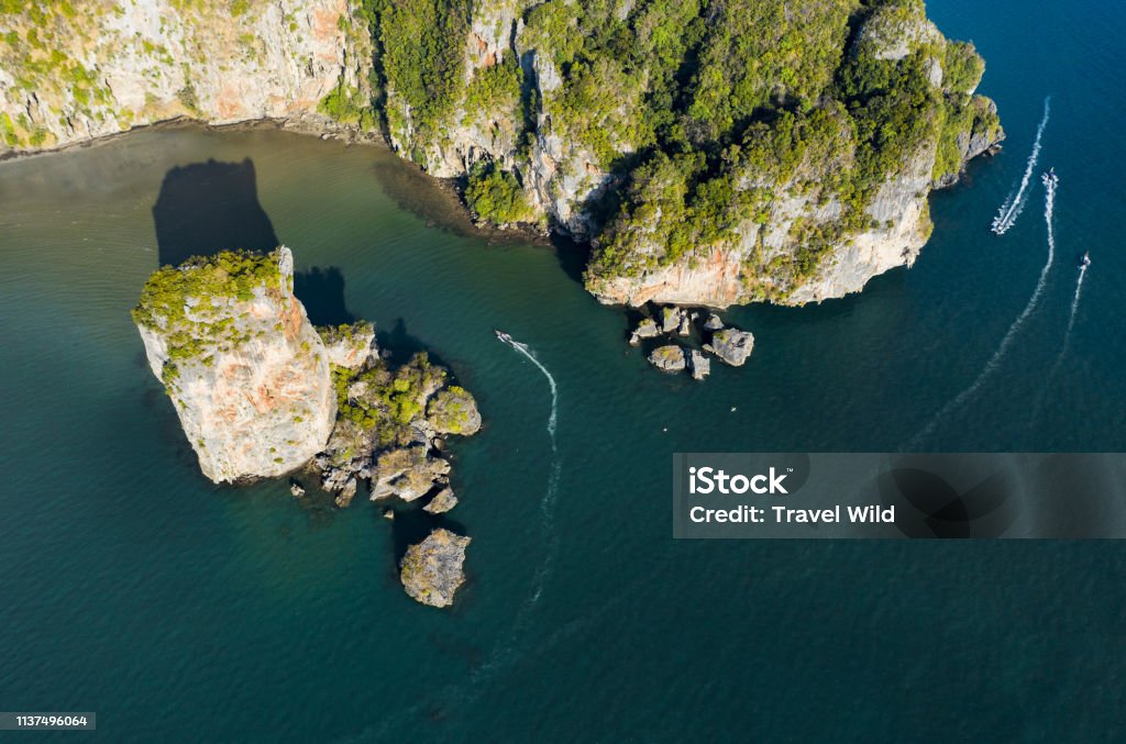 View from above, stunning aerial view of the Ao Nang Tower, one of Krabi's most famous rock formation. Ao Nang, Krabi, Thailand. Above Stock Photo