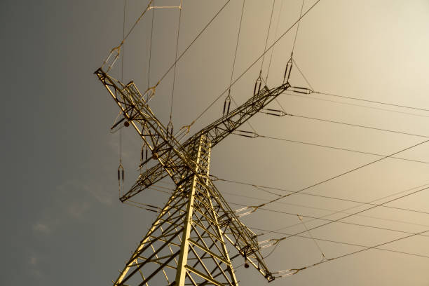 An image showing a wooden pole supporting electricity cables and insulators set against blue sky with white clouds