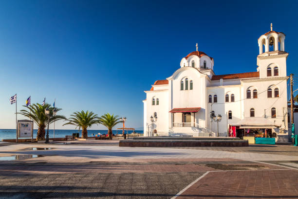 Paralia, St Photini Church at the beach. Paralia, St Photini Church at the beach, a tourist seaside part of the municipality Katerini, Greece, Europe. paralia stock pictures, royalty-free photos & images