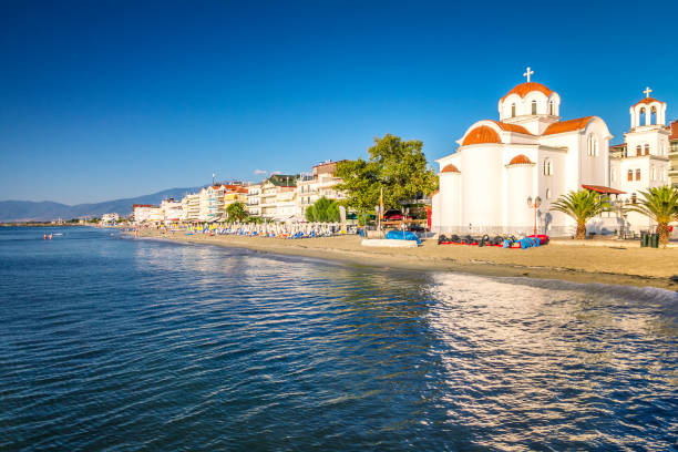 Paralia, St Photini Church at the beach. Paralia, St Photini Church at the beach, a tourist seaside part of the municipality Katerini, Greece, Europe. paralia stock pictures, royalty-free photos & images