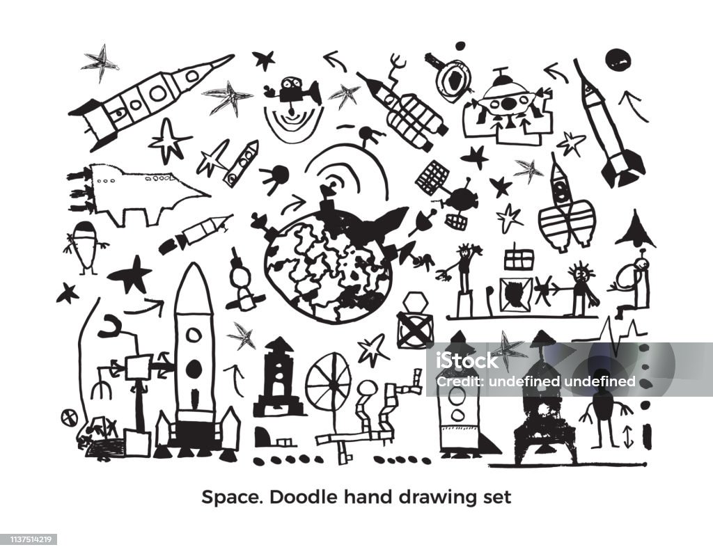 Vector cosmic set. Cute baby sketch Vector cosmic set of space in cartoon style. Futuristic art line doodle illustration Graphic collection of planet, rocket, star, robot, moon Simple hand drawn design, white background Cute baby sketch Abstract stock vector