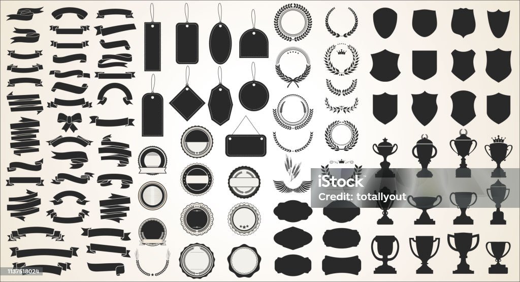 Una collezione di vari nastri neri tagga scudi e trofei di allori - arte vettoriale royalty-free di Banner web