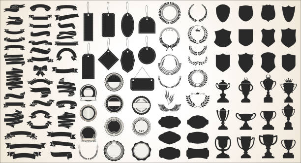 さまざまな黒いリボンのコレクションは、盾とトロフィーをローレルタグを付けます - バッジ イラスト点のイラスト素材／クリップアート素材／マンガ素材／アイコン素材