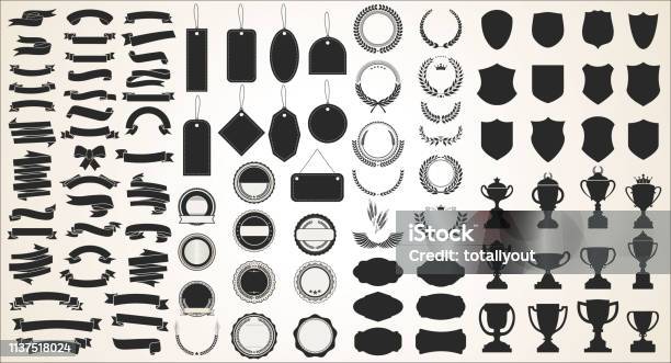 さまざまな黒いリボンのコレクションは盾とトロフィーをローレルタグを付けます - ウェブバナーのベクターアート素材や画像を多数ご用意 - ウェブバナー, バナー看板, 紋章