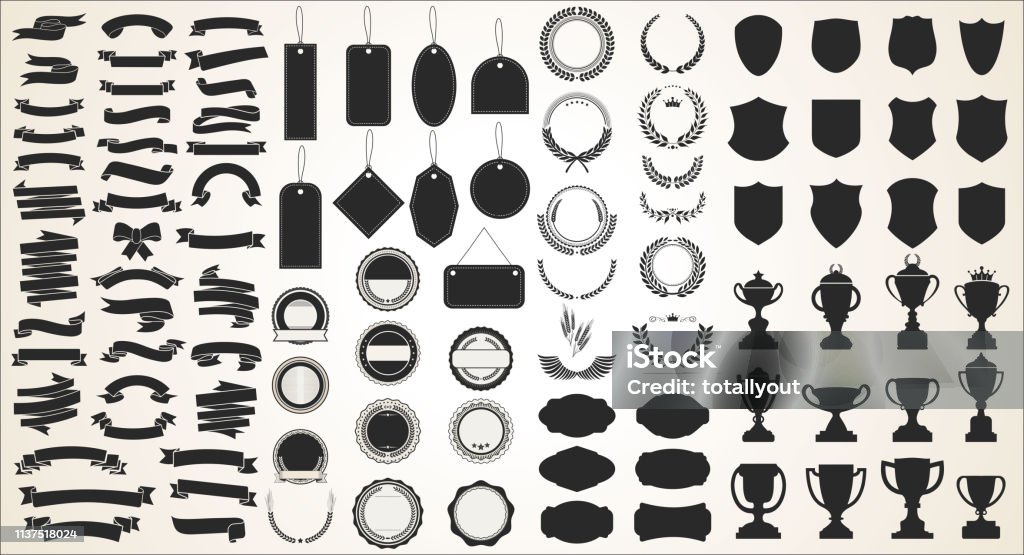 A collection of various black ribbons tags laurels shields and trophies Web Banner stock vector