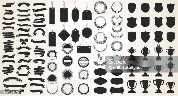 A Collection Of Various Black Ribbons Tags Laurels Shields And Trophies Stock Illustration - Download Image Now