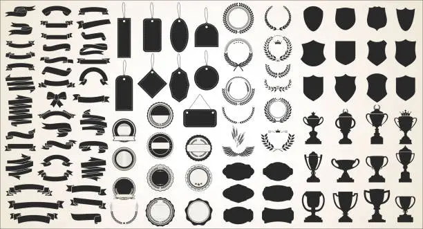 Vector illustration of A collection of various black ribbons tags laurels shields and trophies
