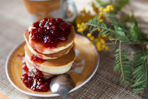 Japanese pancakes with jam close-up