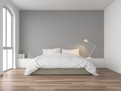 Dormitorio minimalista con pared gris 3D Render photo